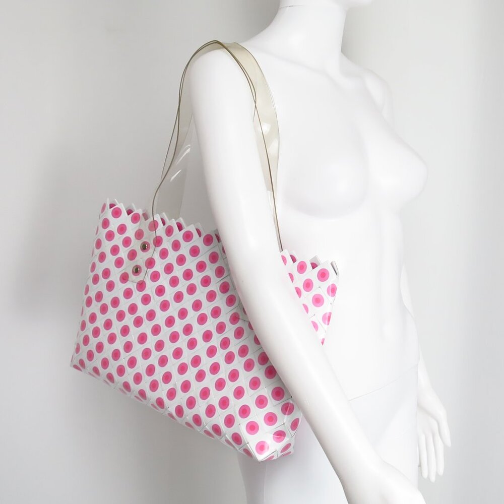 NWOT Rebagz Pink Polka Dot Plastic Woven Tote